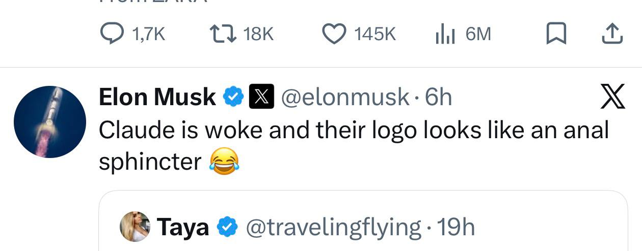 «Анальный сфинктор» - Илон Маск о логотипе Claude в своей соцсети 🤓 видимо теперь у него будут терк